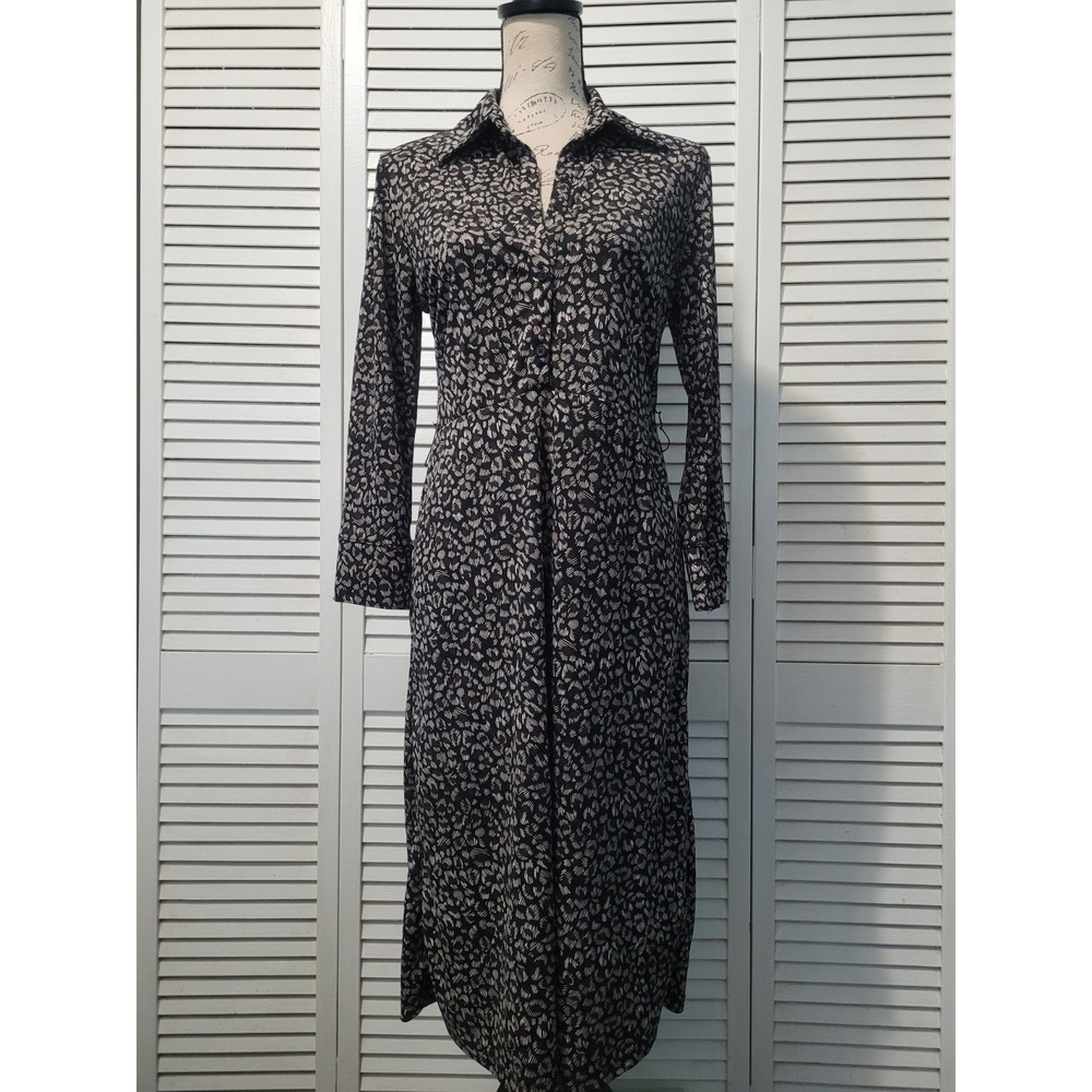 Vintage Y2K Nine & Co Midi Shirt Dress Women's Medium Black Cream Abstract Print